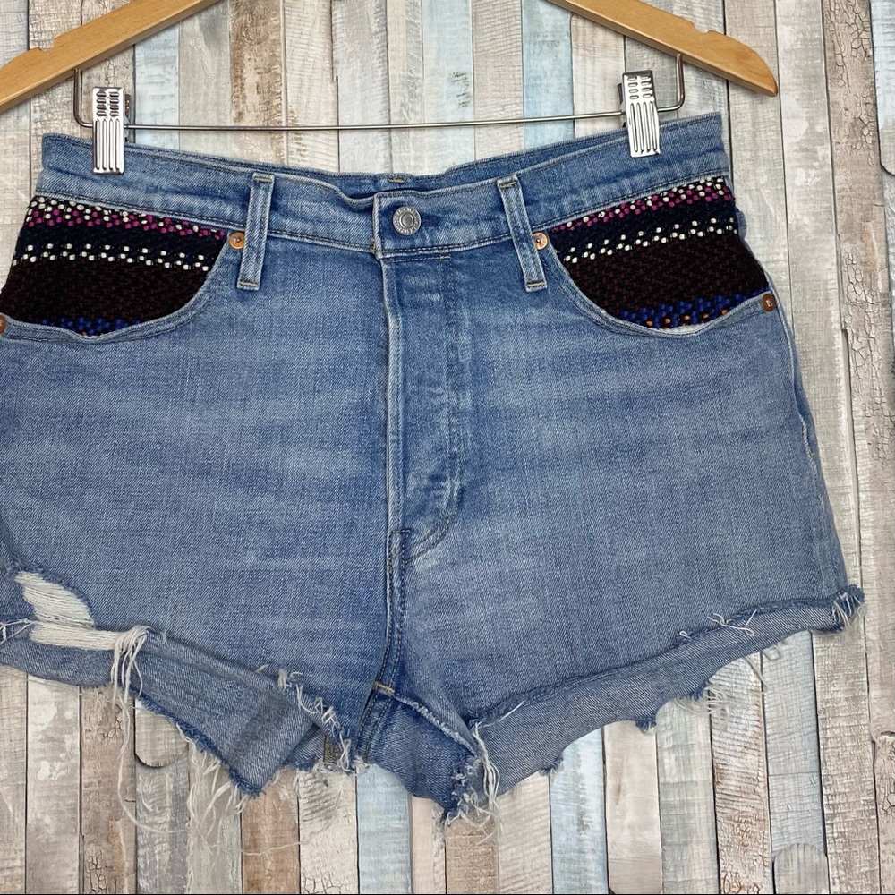 Levis Made & Crafted 29 Boho Patch Cut Off‎ Denim High Rise 501 Shorts Selvedge